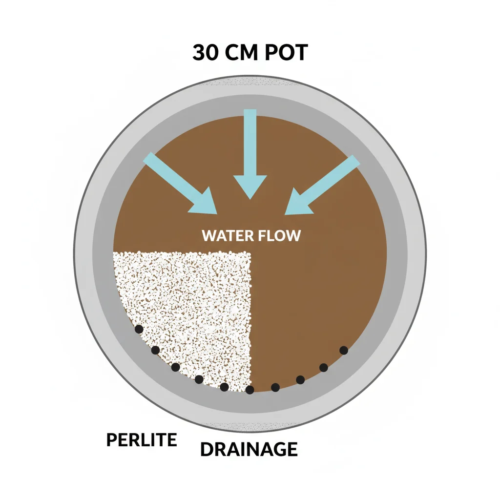 Potted plant diagram: 30cm pot, drainage layer (perlite), soil. Arrows show water flow through drainage holes.