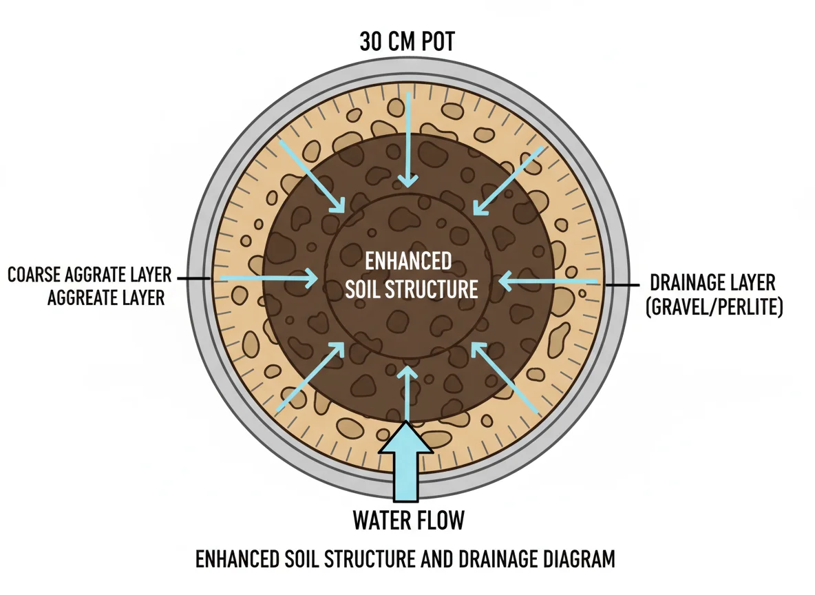 Potted plant drainage diagram: arrows show water flowing through soil, drainage layer, and out drainage holes in a 30cm pot.