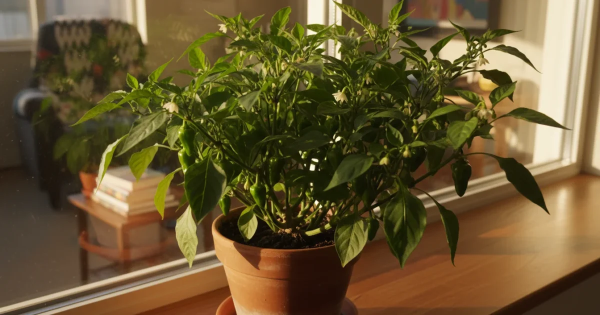 Potted 'Sugar Rush Peach' pepper plant with small green peppers and flower buds, thriving on a sunlit indoor windowsill.