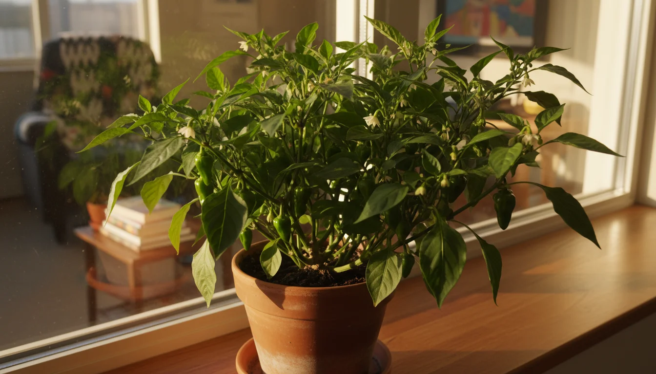 Potted 'Sugar Rush Peach' pepper plant with small green peppers and flower buds, thriving on a sunlit indoor windowsill.