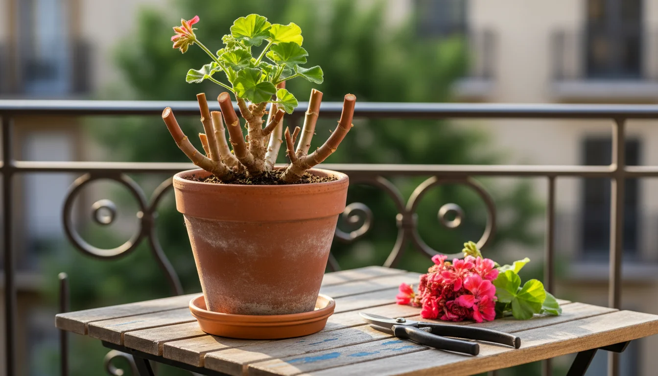 A carefully pruned geranium in a terracotta pot sits on a rustic wooden table, alongside sharp pruning shears and a small pile of discarded trimmings.