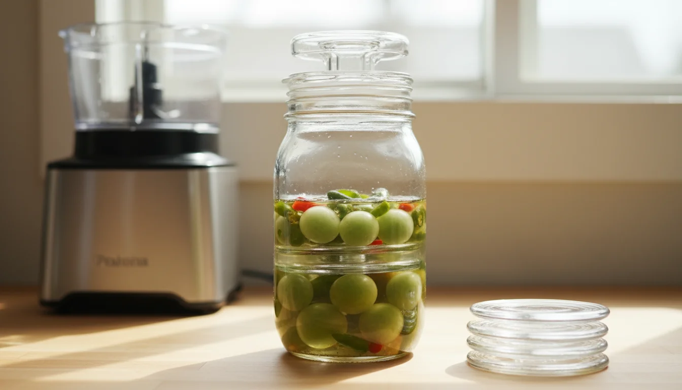 A 1-quart mason jar with fermentation lid, glass weights, and a food processor arranged on a kitchen counter.