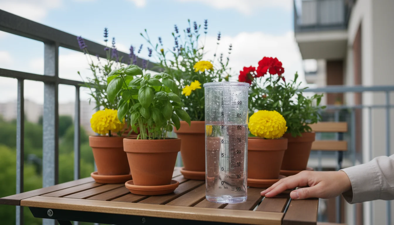 A clear rain gauge with collected water sits on a balcony table amidst potted plants. A hand gently rests near it.