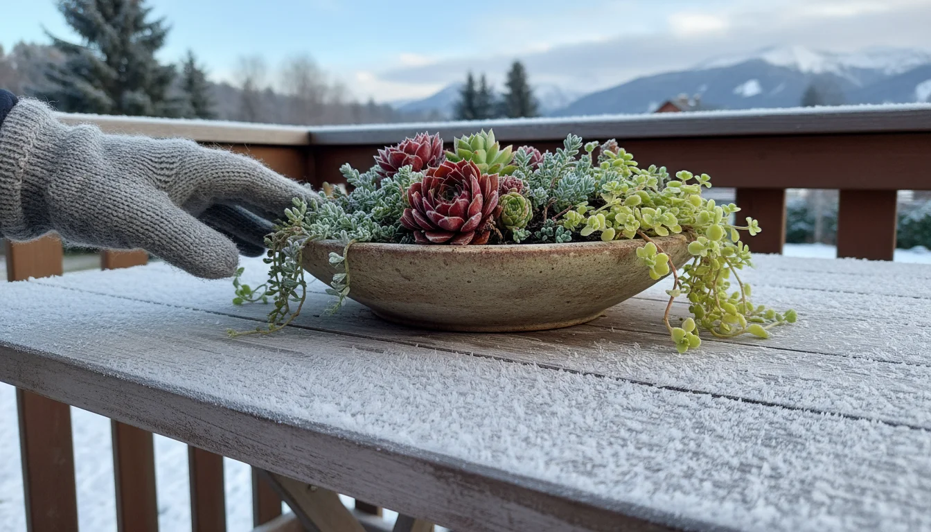 A resilient succulent bowl filled with vibrant Sempervivums and Sedums on a frost-dusted wooden balcony table, observed by a gloved hand.