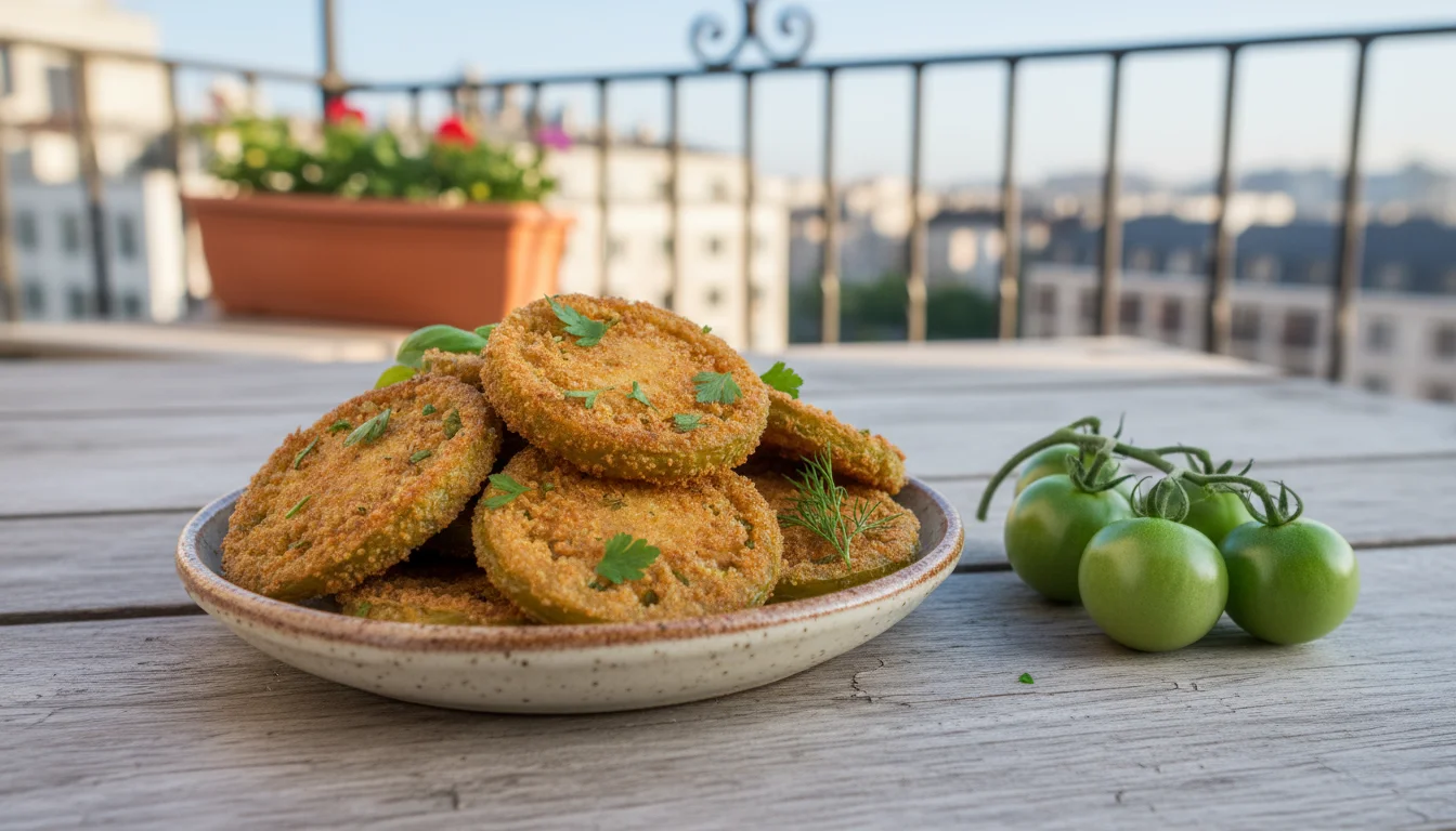 A rustic plate of golden-brown fried green tomato slices on a wooden balcony table, with a few fresh green tomatoes.