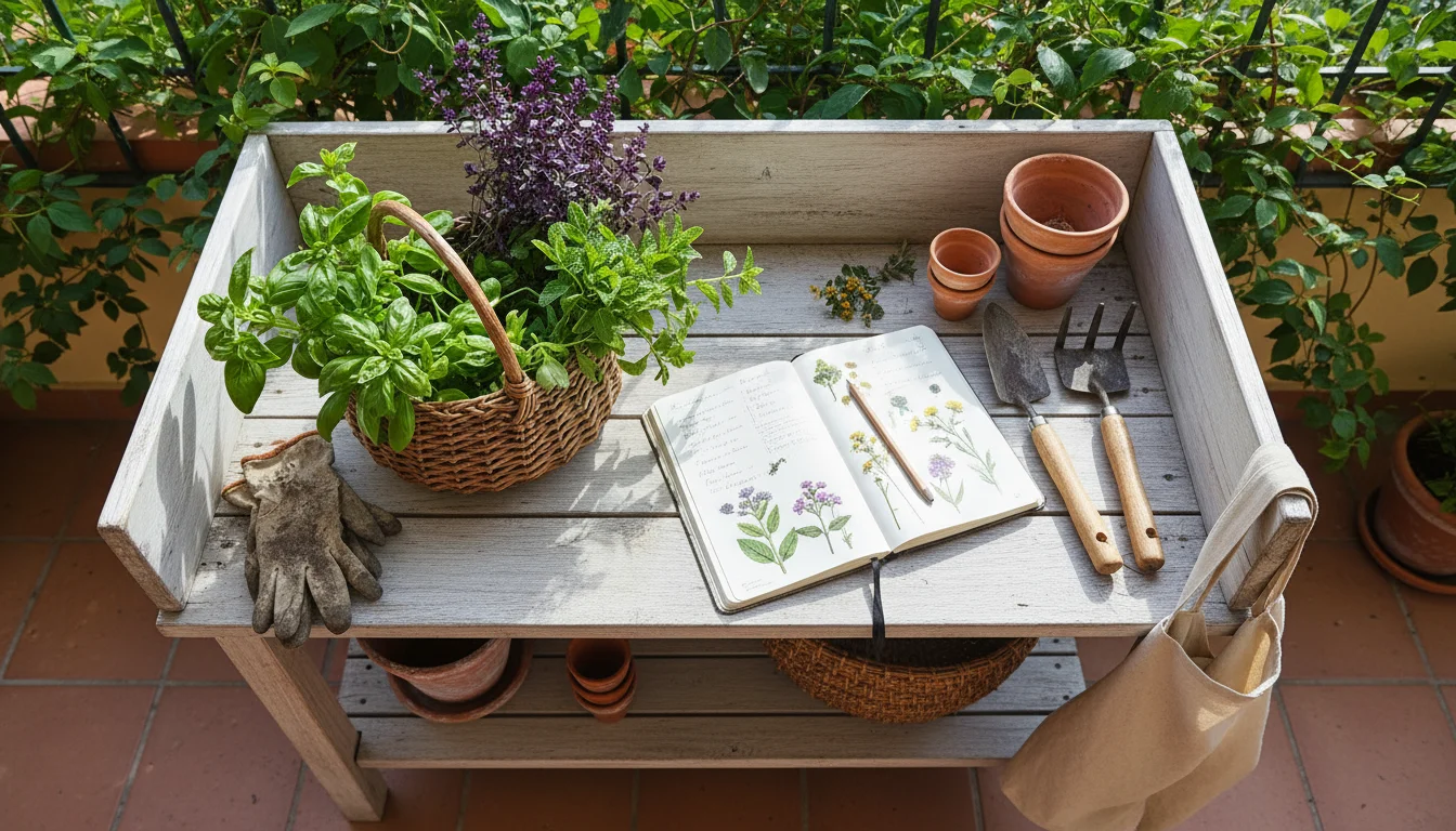 Elevated view of a rustic potting bench with fresh herbs in a basket, an open journal, and empty glass jars on a balcony.