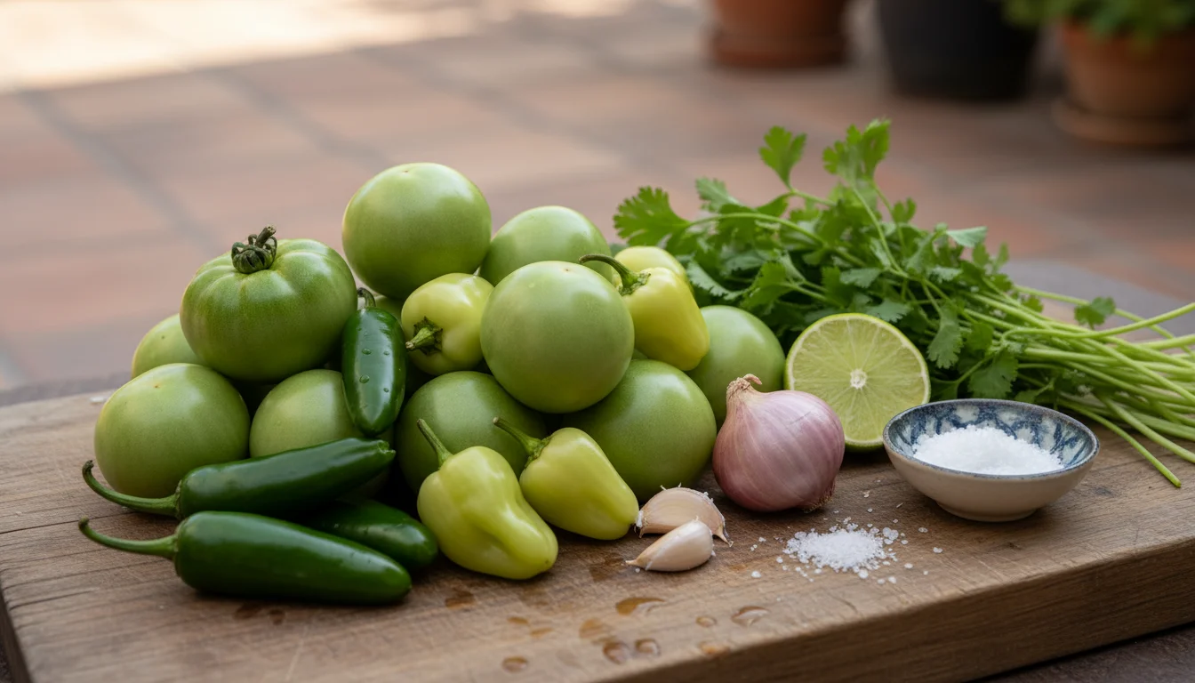 A rustic wooden cutting board holds freshly harvested green tomatoes, unripe peppers, onion, garlic, cilantro, and lime, with a hand reaching for a to