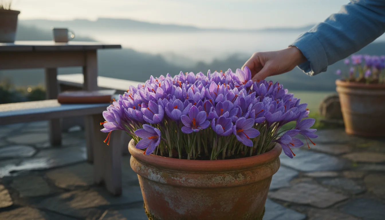 Saffron crocus flowers in a terracotta pot on a dewy patio at dawn, with a person's hand reaching to harvest.