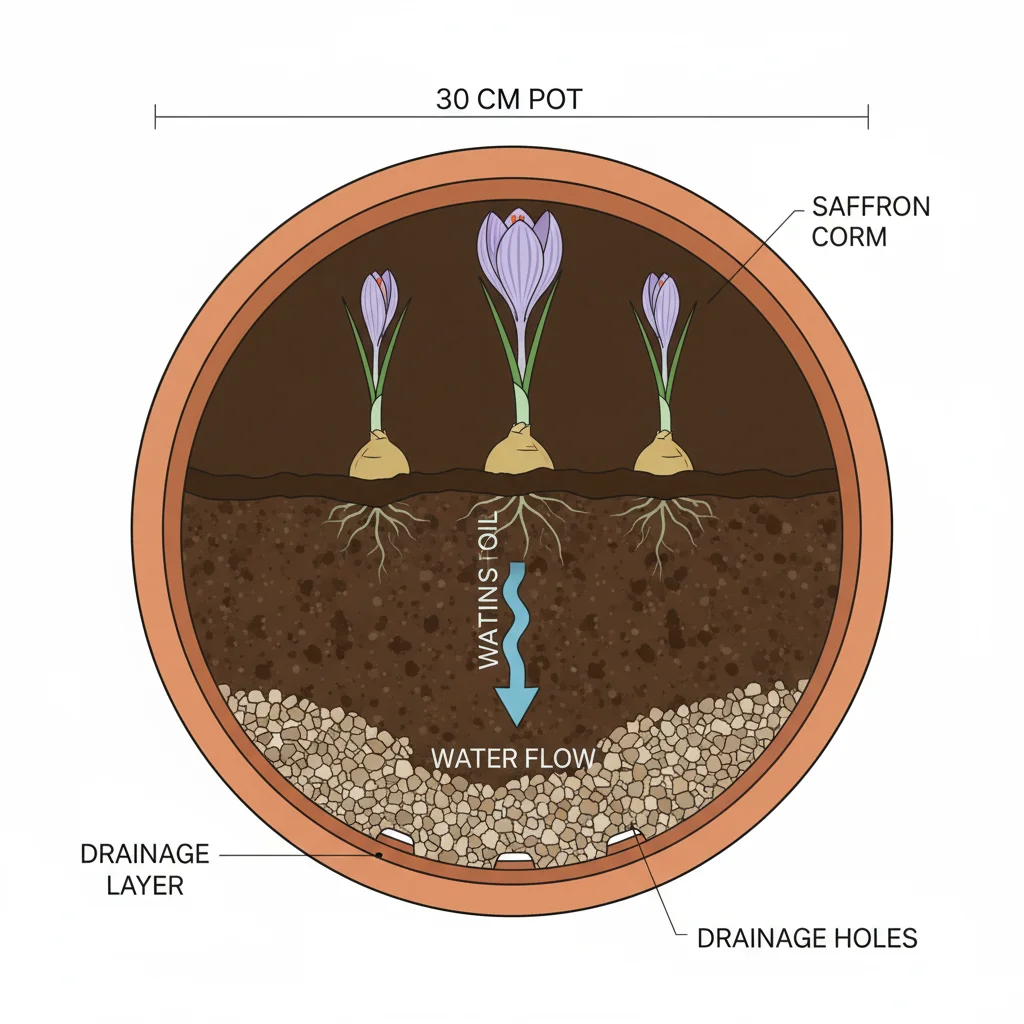 Saffron crocus pot diagram: drainage layer at base, water flow arrows, 30 cm pot labeled.