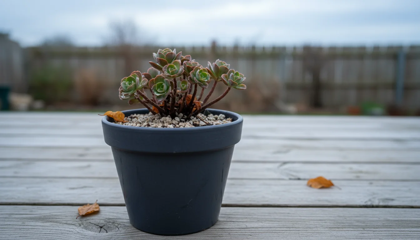 A sedum plant with muted foliage in a dark grey pot on a wooden deck. Its soil surface is visibly dry with a few fallen leaves, indicating dormancy.