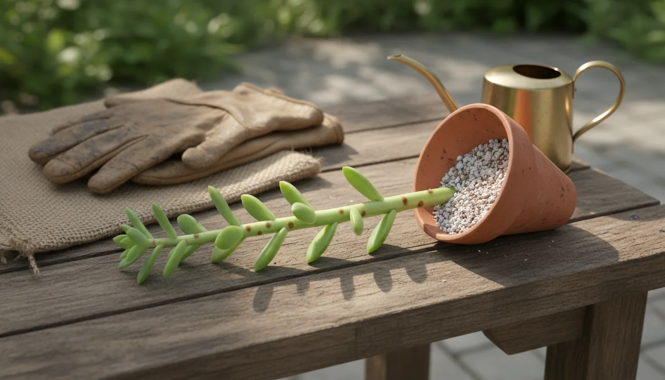 A Sedum stem cutting, rooting hormone powder, rooting medium in a pot, and a cloche on a wooden table, for plant propagation.
