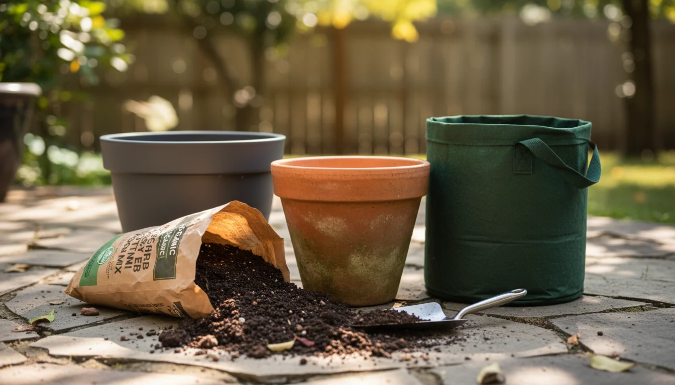 A selection of empty garden pots and an open bag of potting mix on a patio. Includes terracotta, ceramic, and fabric pots.