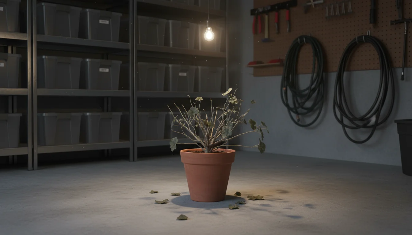 A semi-dormant geranium plant with sparse, green leaves in a terracotta pot sits on a cool concrete floor.