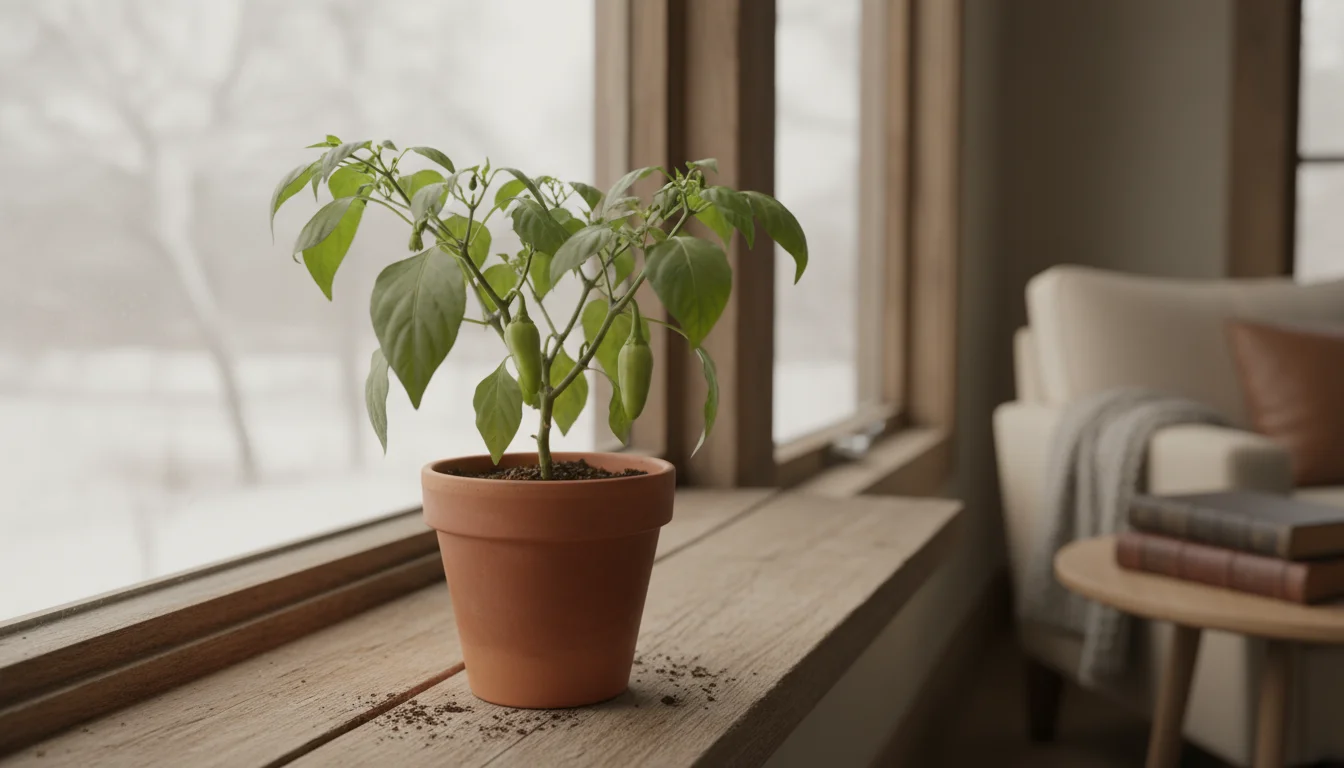 A semi-dormant jalapeño pepper plant in a terracotta pot on an indoor windowsill, with muted green leaves and small peppers.