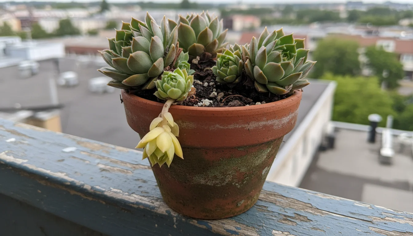 Close-up of Sempervivum succulents in an old terracotta pot on a balcony railing, showing discolored, soft lower leaves and damp soil.