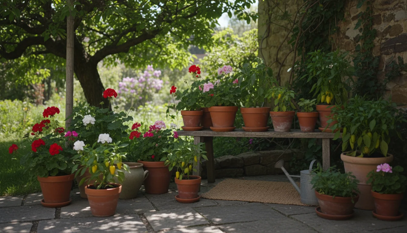 Several potted geraniums and pepper plants arranged in the gentle shade of a patio corner, gradually acclimatizing to spring outdoors.