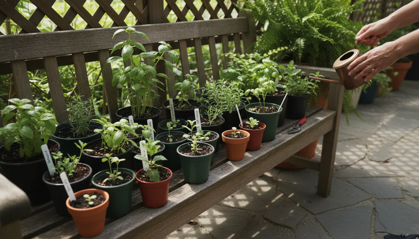 Several small potted plant cuttings sit grouped on a shaded porch bench, with a hand reaching towards one, initiating the hardening off process.