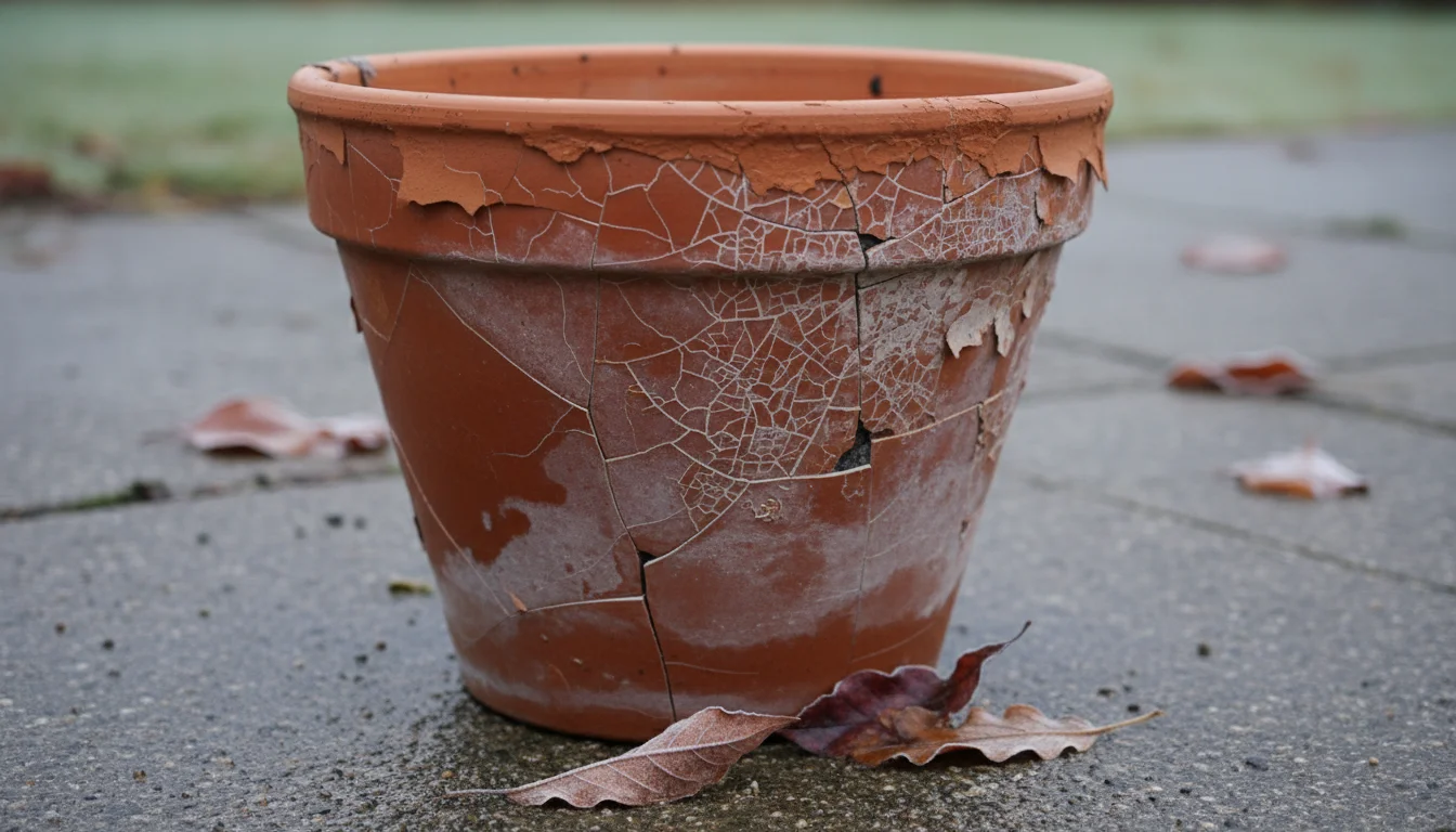 Close-up of a severely damaged terracotta pot showing extensive surface flaking and hairline cracks, resting on a concrete patio.