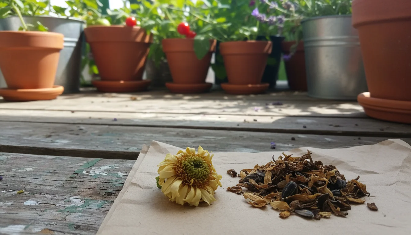 Shriveled marigold bloom and brittle sunflower petals on a balcony potting bench, showing common drying mistakes.