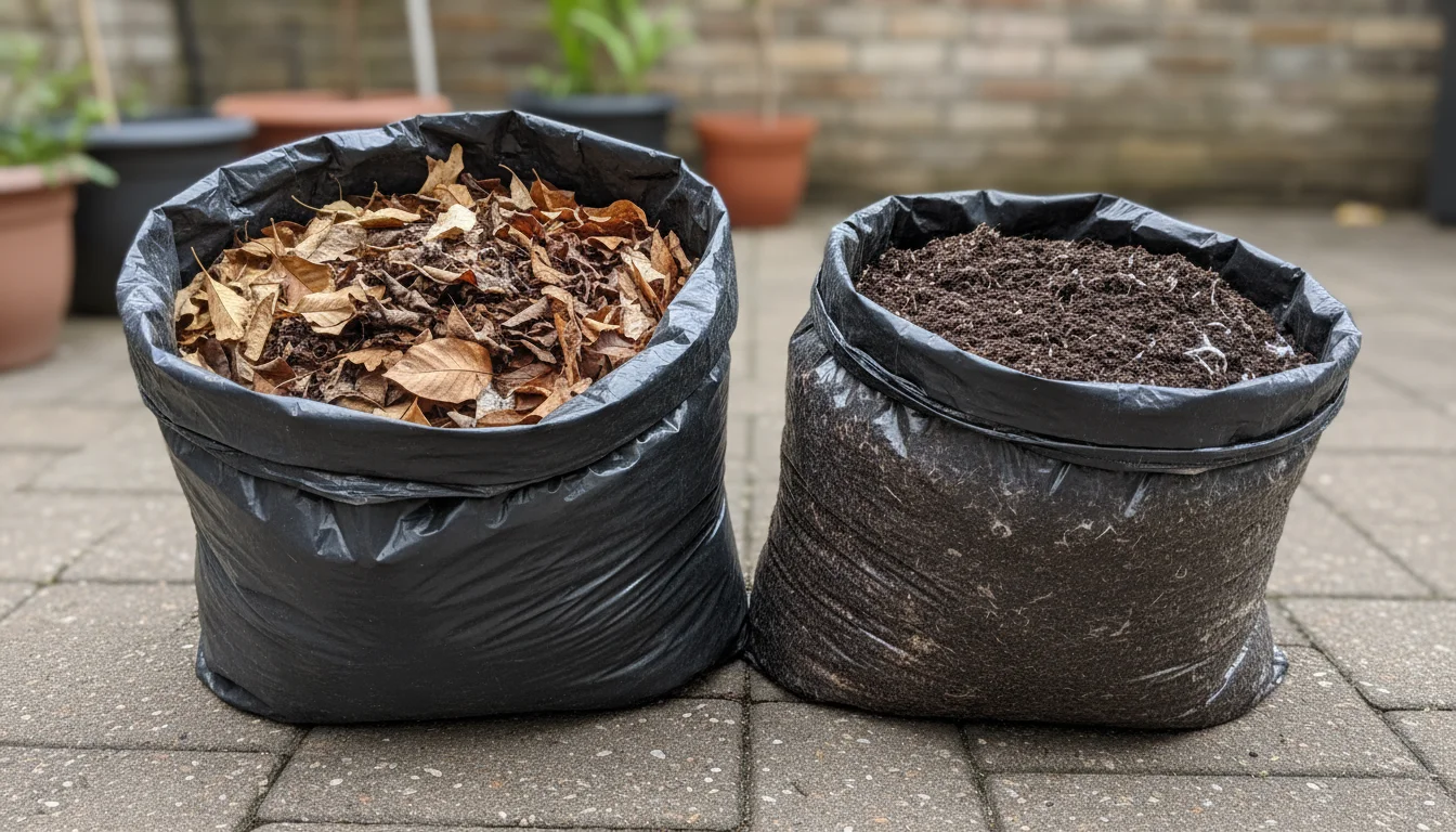 Side-by-side view of two black contractor bags on a patio; one full with lighter leaves, the other compacted with dark, rich leaf mold.