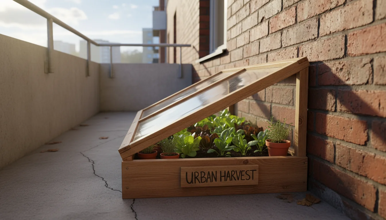 A simple wooden cold frame with a clear, angled lid sits against a brick wall on a sunny balcony, showcasing sheltered plant growth.