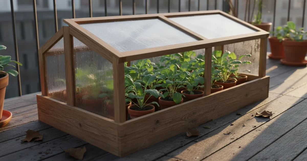 A simple wooden cold frame with an angled clear lid sits on a balcony, filled with thriving green kale and spinach in pots.