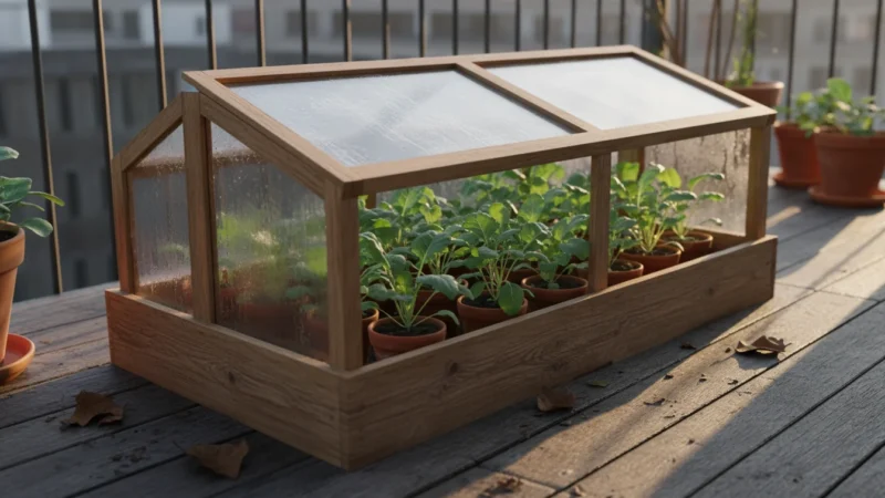 A simple wooden cold frame with an angled clear lid sits on a balcony, filled with thriving green kale and spinach in pots.