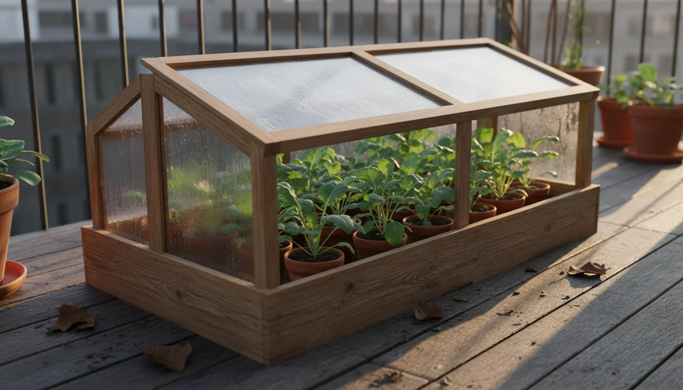 A simple wooden cold frame with an angled clear lid sits on a balcony, filled with thriving green kale and spinach in pots.