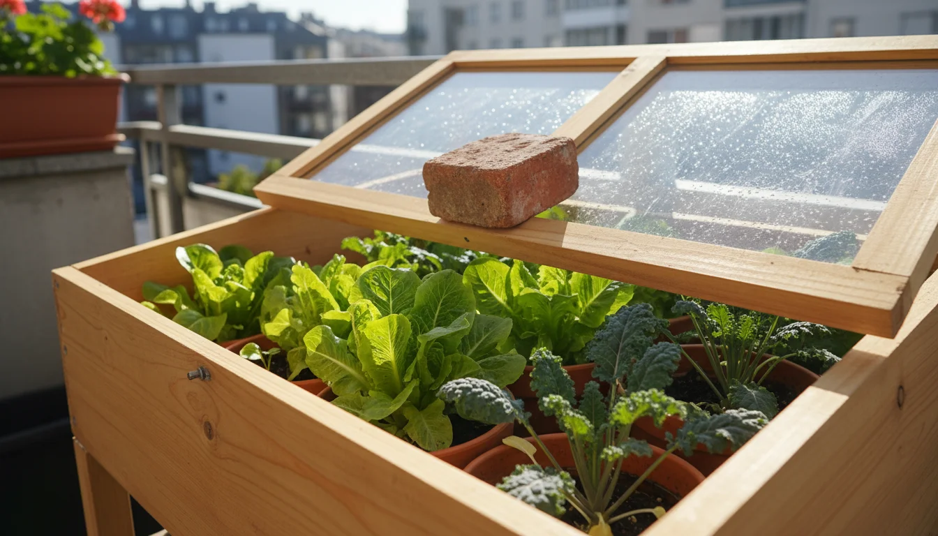 A simple wooden cold frame on a balcony patio with its lid propped open by a red brick, revealing thriving green lettuce and kale plants inside under 