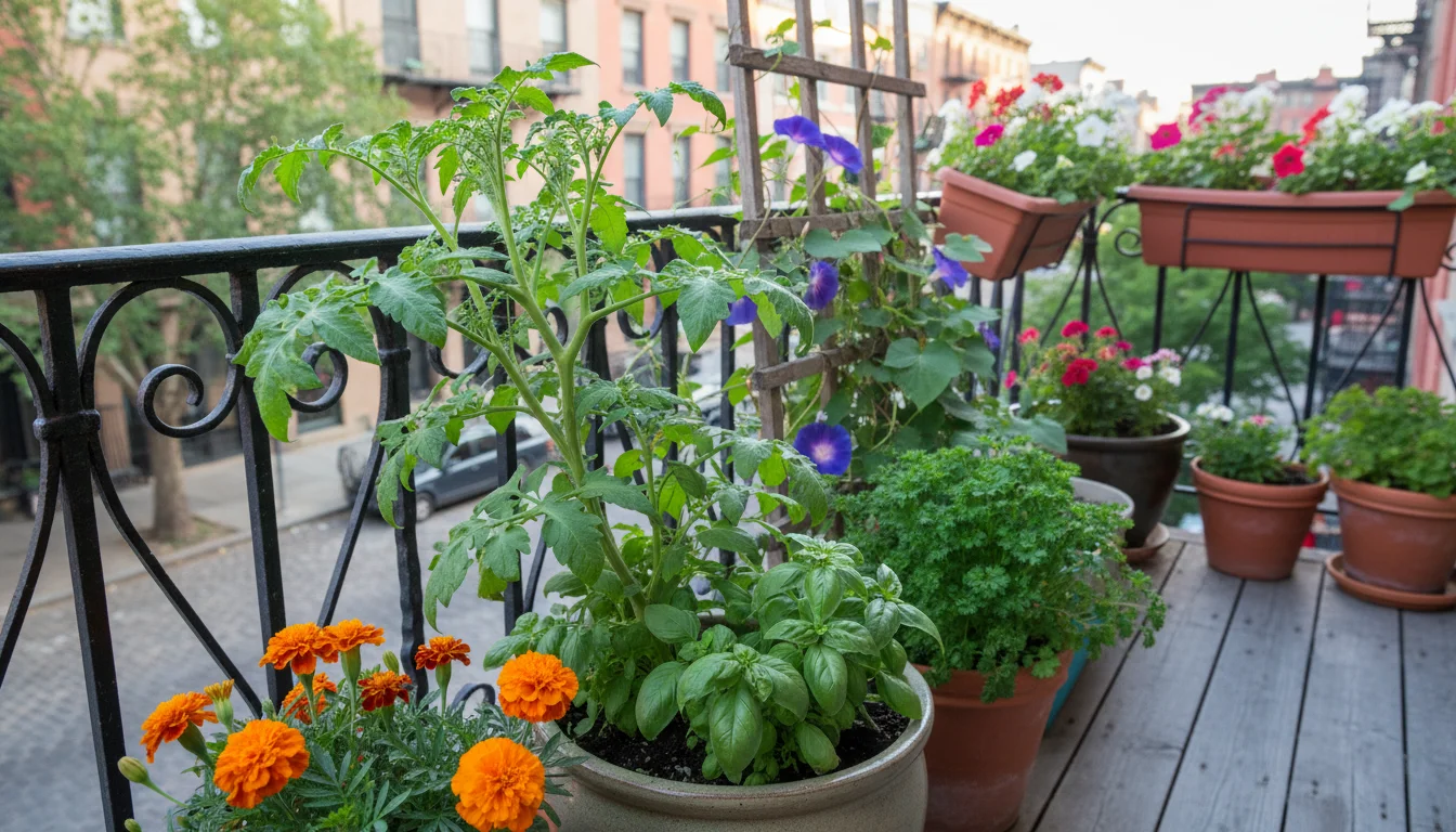 A small balcony garden with orange marigolds next to a tomato plant with basil, and a separate pot of mint.