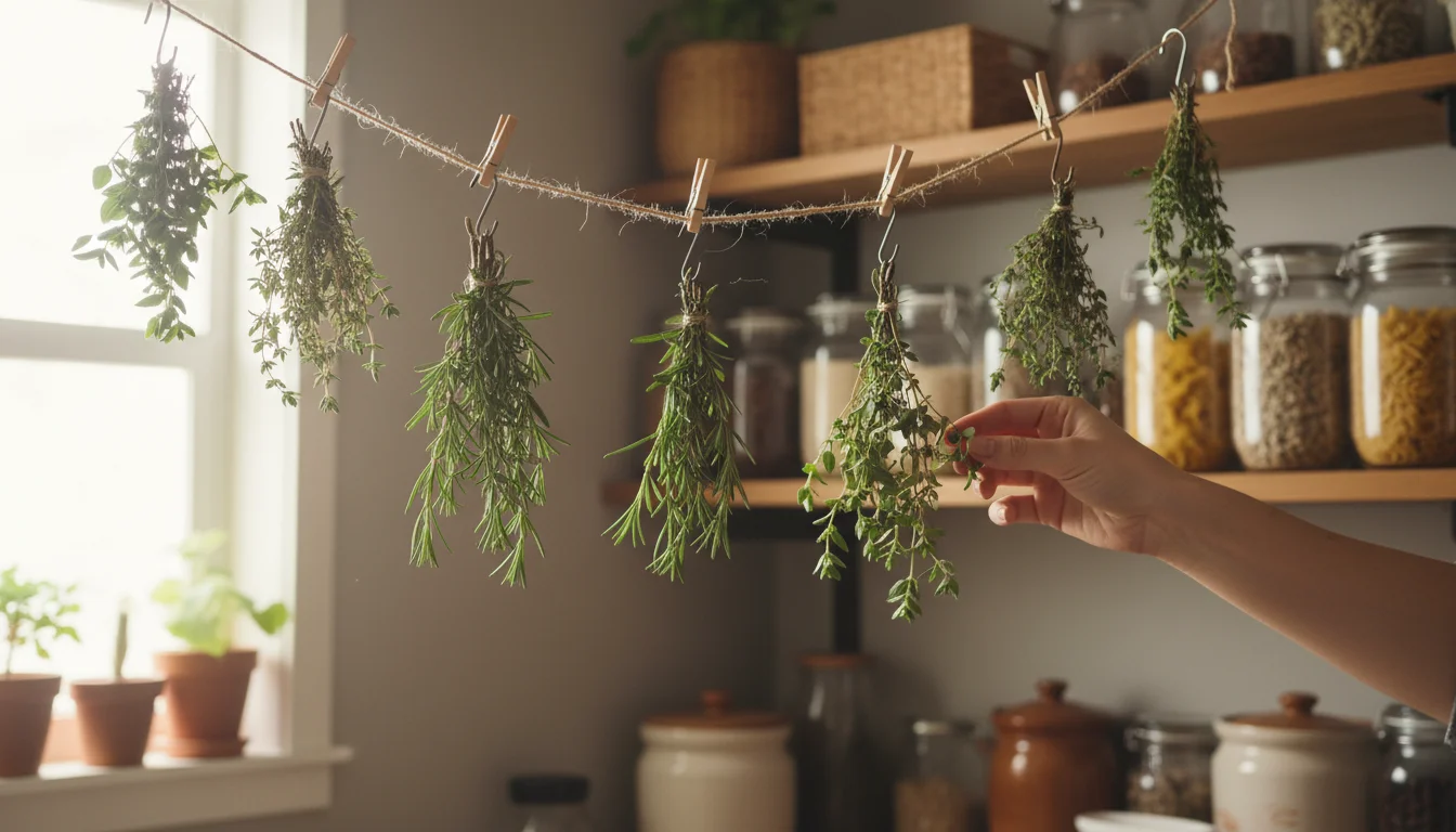 Small bundles of drying herbs, including rosemary, thyme, and oregano, hang upside down in a dimly lit pantry. A hand reaches to touch one.