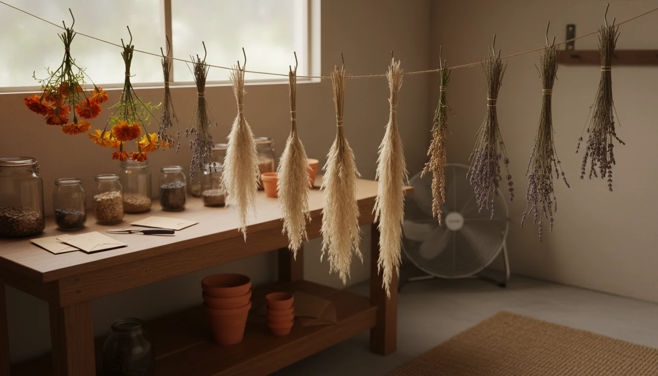 Small bundles of garden cuttings and seed heads hanging upside down on a string in a dimly lit, airy space for drying.