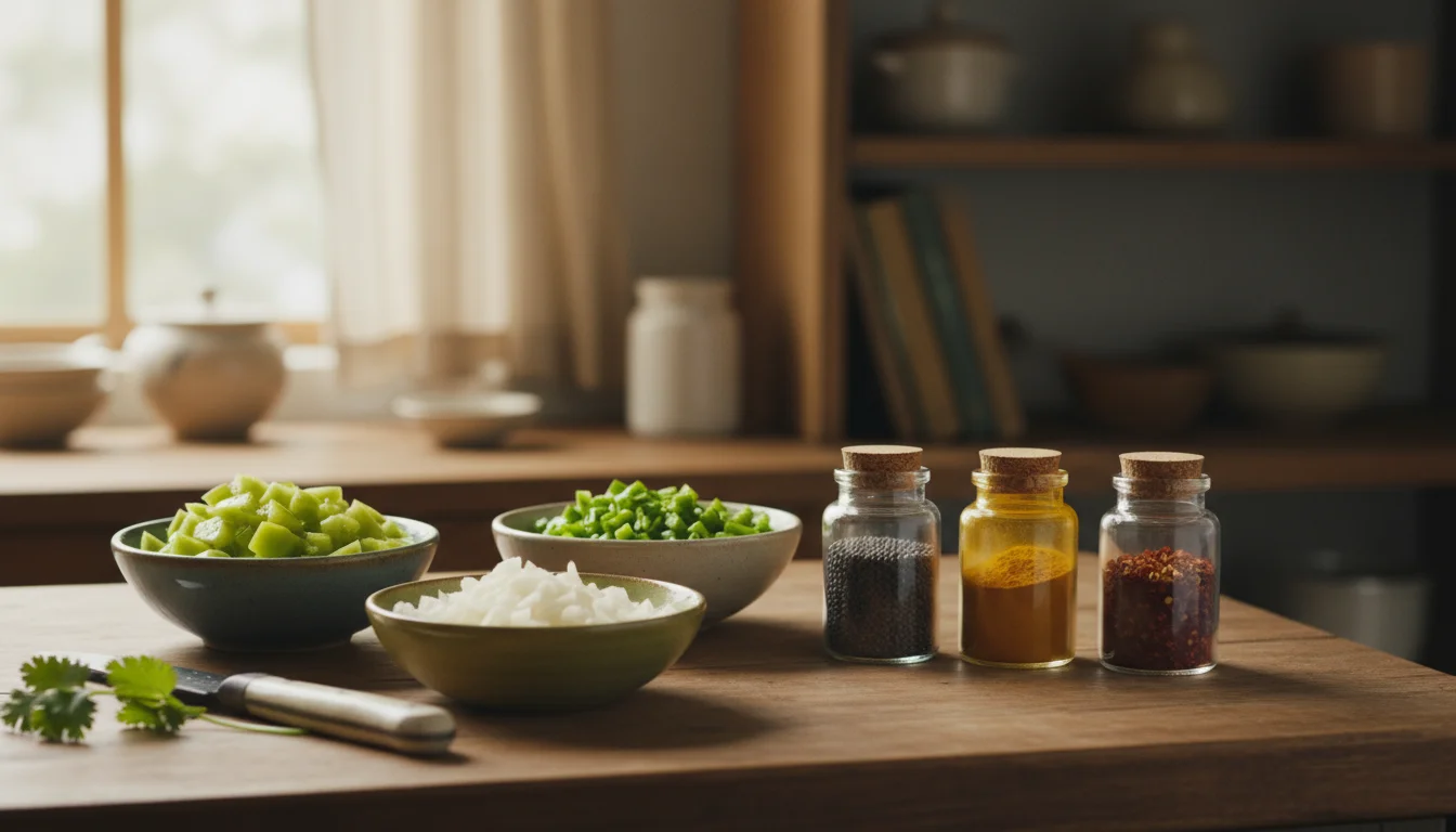 Small ceramic bowls with chopped green tomatoes, onion, and bell pepper, arrayed with spices and vinegar on a kitchen counter.