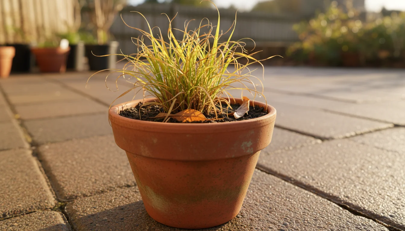 A small hosta plant in a terracotta pot on a patio, with yellowing, shriveled leaves and some dry leaves on the soil, signaling fall dormancy.