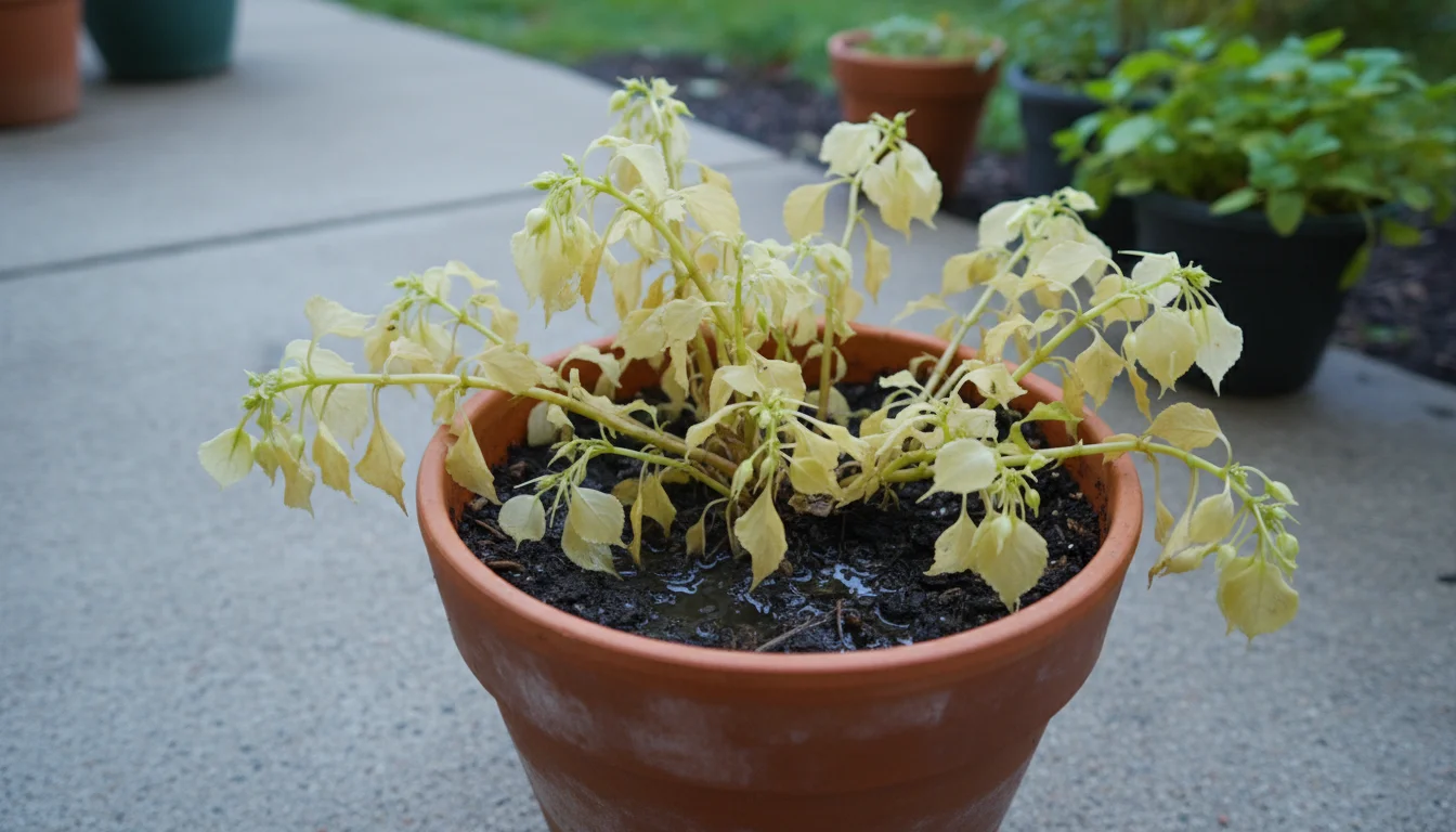 A small impatiens plant in a terracotta pot on a patio, with noticeably yellowed and drooping lower leaves in wet soil.