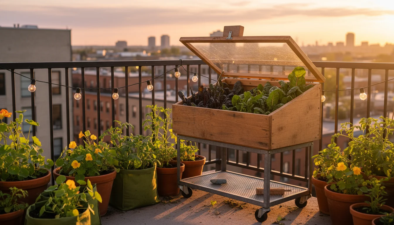 A small, open cold frame on a plant caddy in a sunlit balcony corner with lush plants.