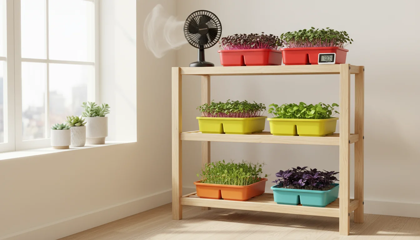 A small oscillating fan provides gentle air movement over multiple trays of vibrant microgreens on a simple wood shelf indoors.