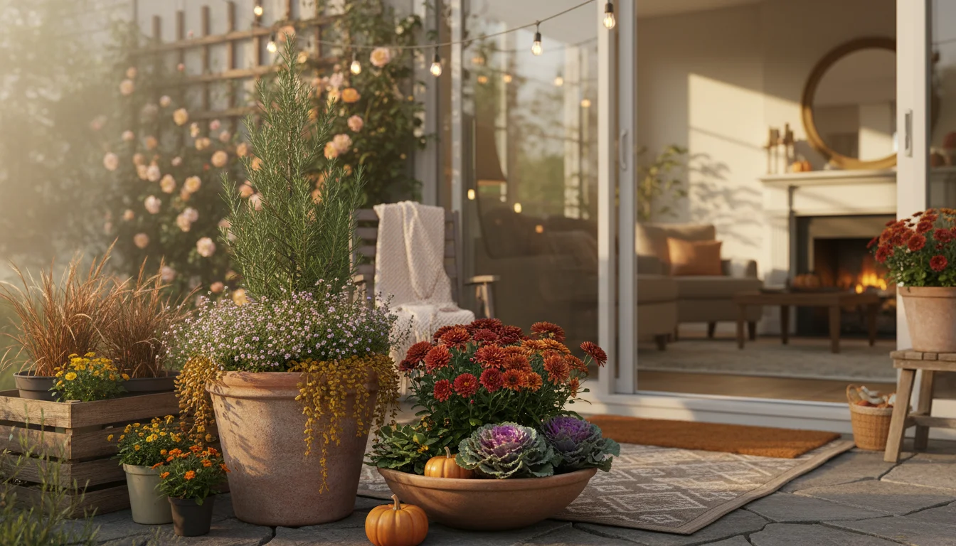 A small, inviting patio features fragrant fall container gardens with rosemary, thyme, and alyssum, strategically placed near an open sliding glass do