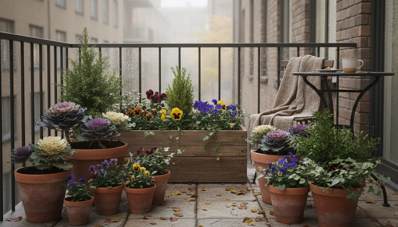 Small patio with terracotta pots and a wooden planter box holding fall plants. The soil in all containers looks dark and moist.