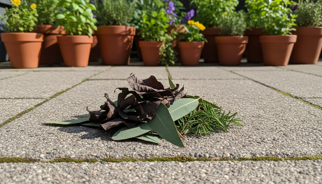 A small pile of dry black walnut, eucalyptus, and conifer leaves separated on a patio, with blurred potted plants in the background.