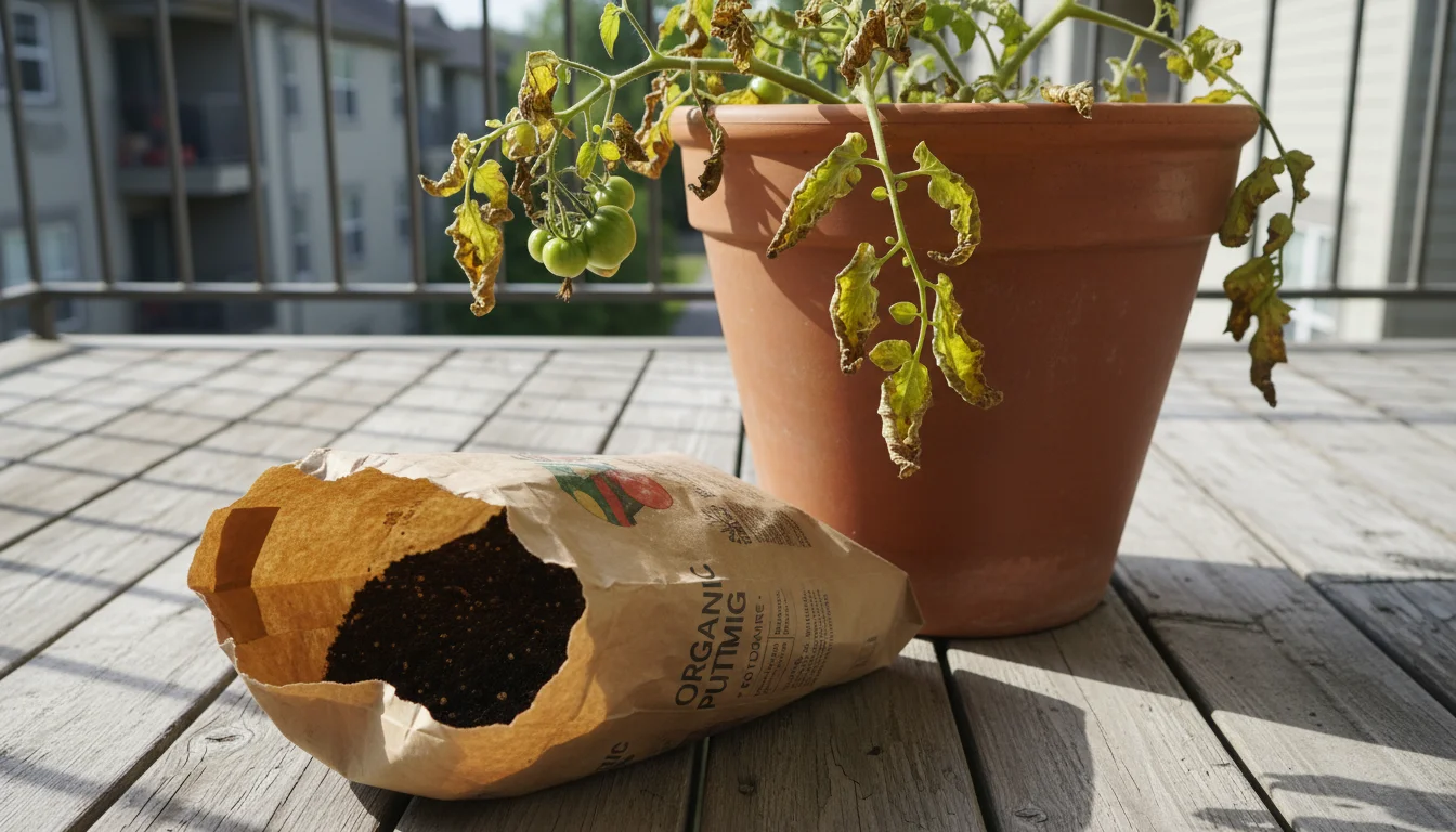 A small tomato plant in a terracotta pot with yellowed, browning leaves and shriveled green fruits, sitting on a wooden balcony deck.