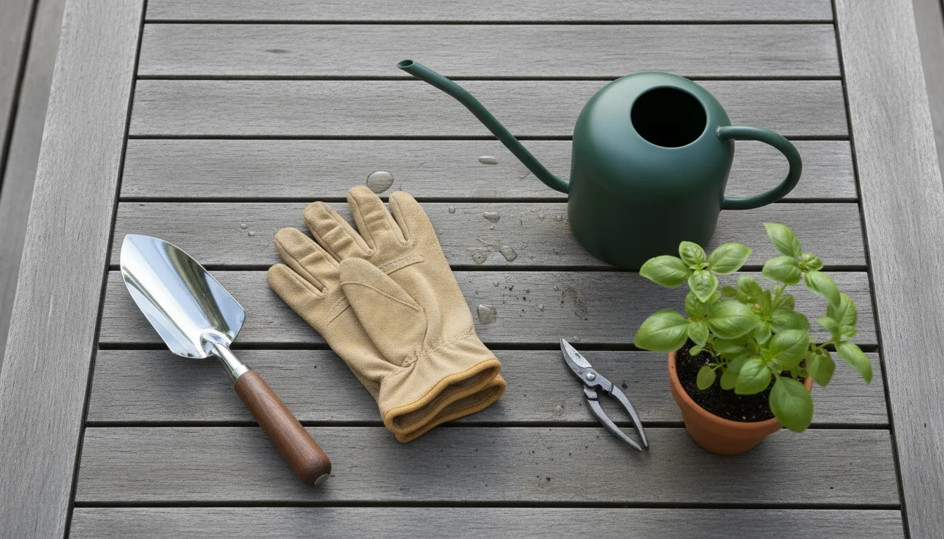 Small trowel, green watering can, canvas gloves, and decorative gravel on a wooden table. Empty terracotta pot behind.