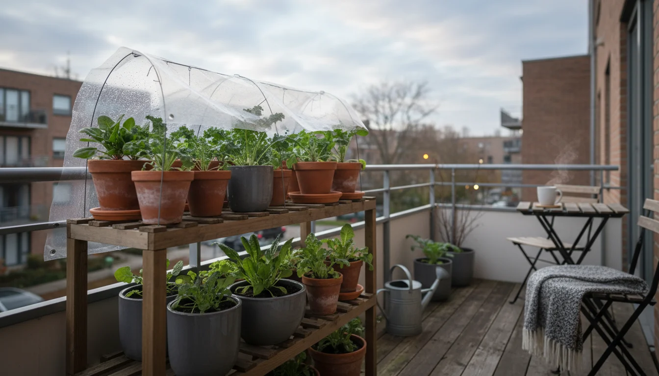 A small urban balcony garden with cool-season greens in various pots under simple protective covers like a plastic cloche and frost fabric.