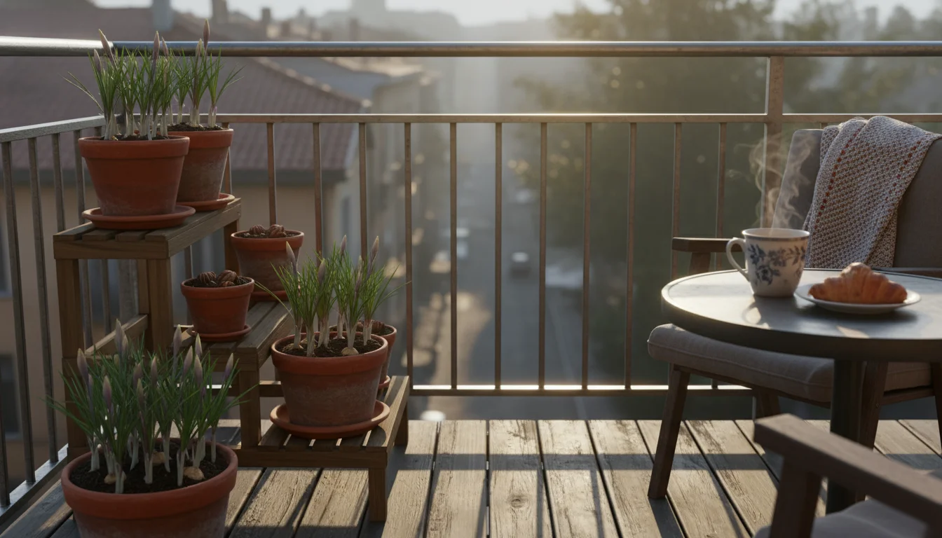 Small urban balcony in morning sun, with terracotta and ceramic pots holding emerging saffron crocus foliage. Long shadows cast.