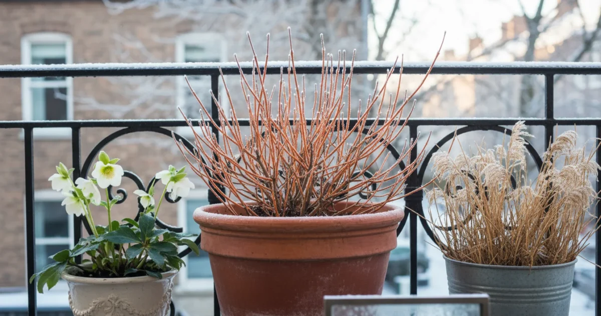 Small urban balcony in winter featuring vibrant red-orange dogwood stems, delicate white hellebore flowers, and dried ornamental grass seed heads in f