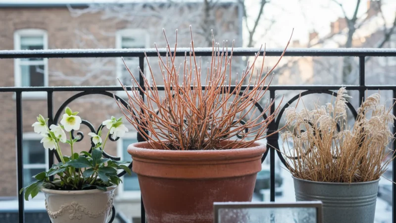 Small urban balcony in winter featuring vibrant red-orange dogwood stems, delicate white hellebore flowers, and dried ornamental grass seed heads in f