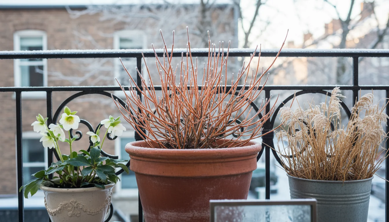 Small urban balcony in winter featuring vibrant red-orange dogwood stems, delicate white hellebore flowers, and dried ornamental grass seed heads in f