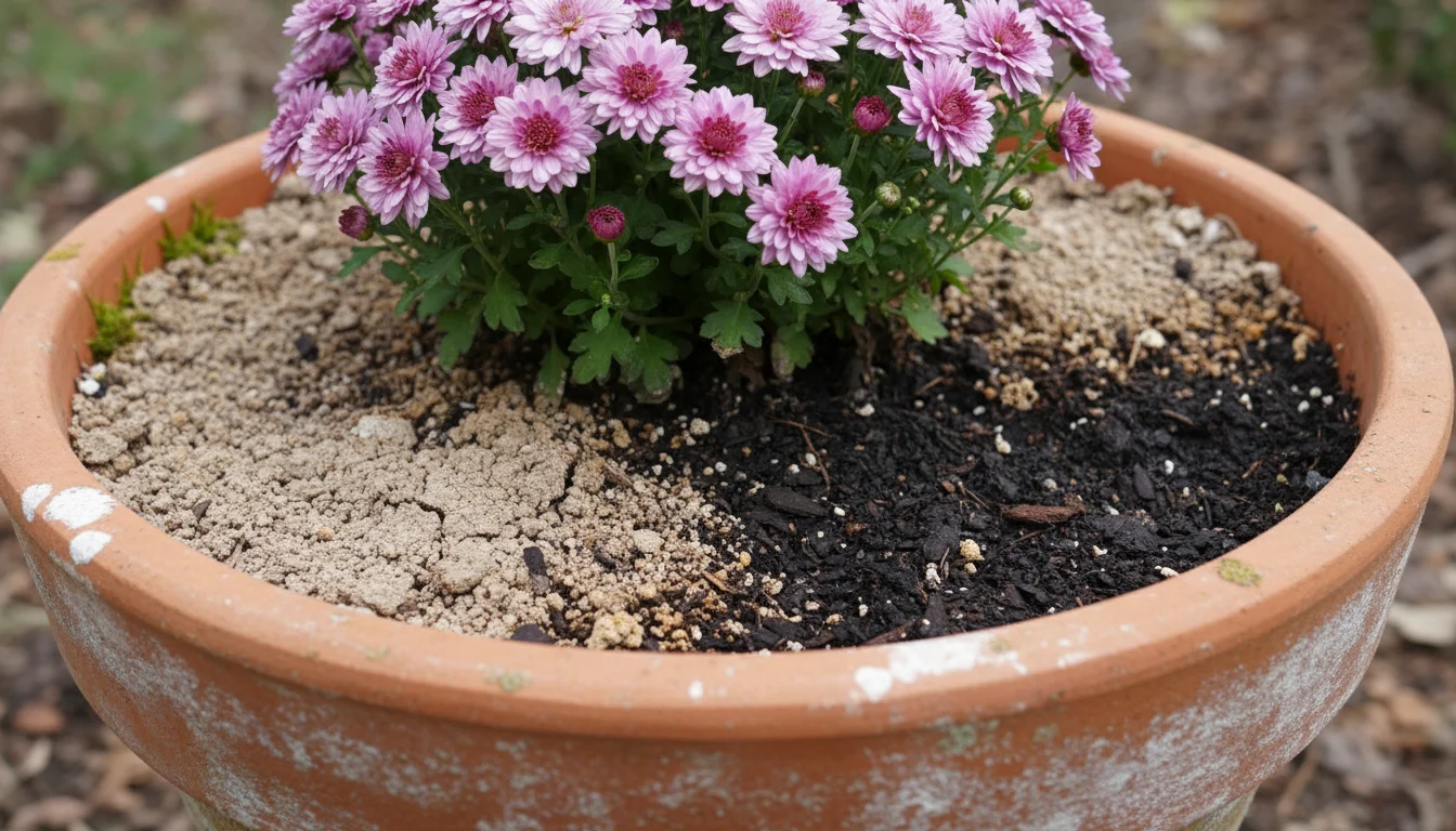 Close-up of soil in a terracotta pot showing a dry, light brown surface and darker, visibly moist soil beneath.