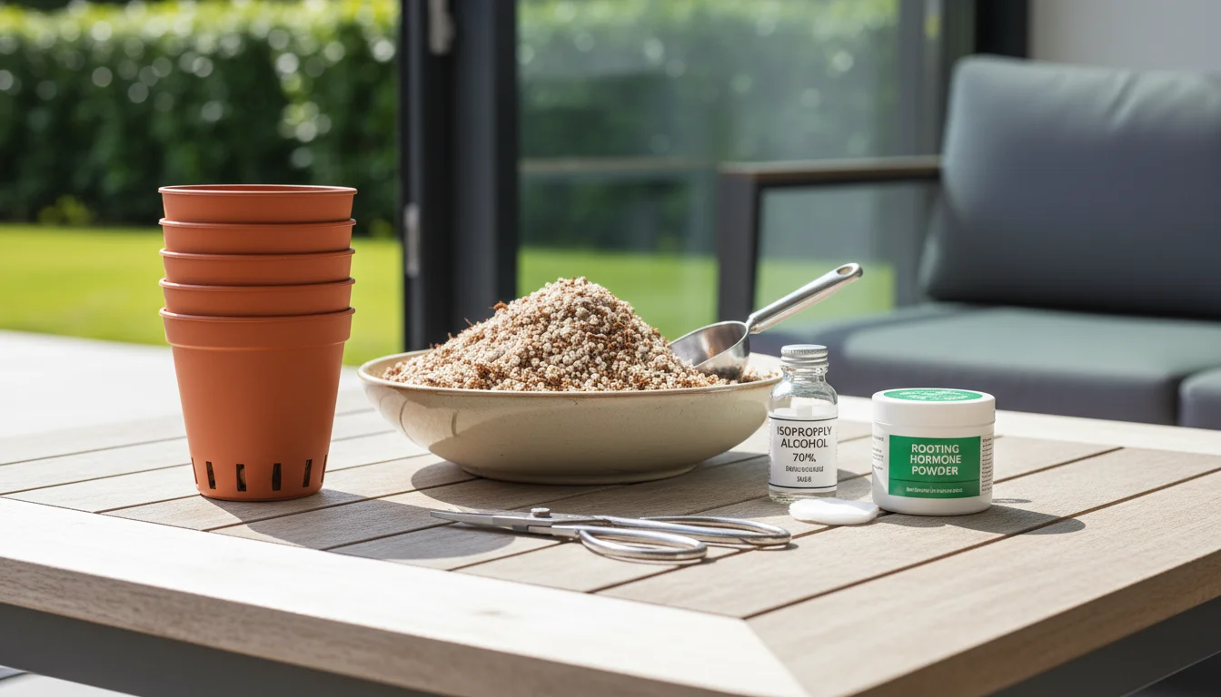 Sterilized pruning shears, rubbing alcohol, rooting hormone, rooting medium, and small plant pots neatly arranged on a patio table.
