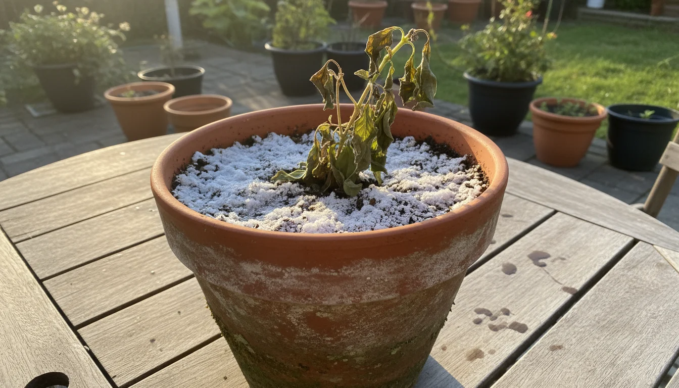 A close-up of a struggling basil plant in a terracotta pot with a prominent white salt crust on the soil and brown leaf tips.